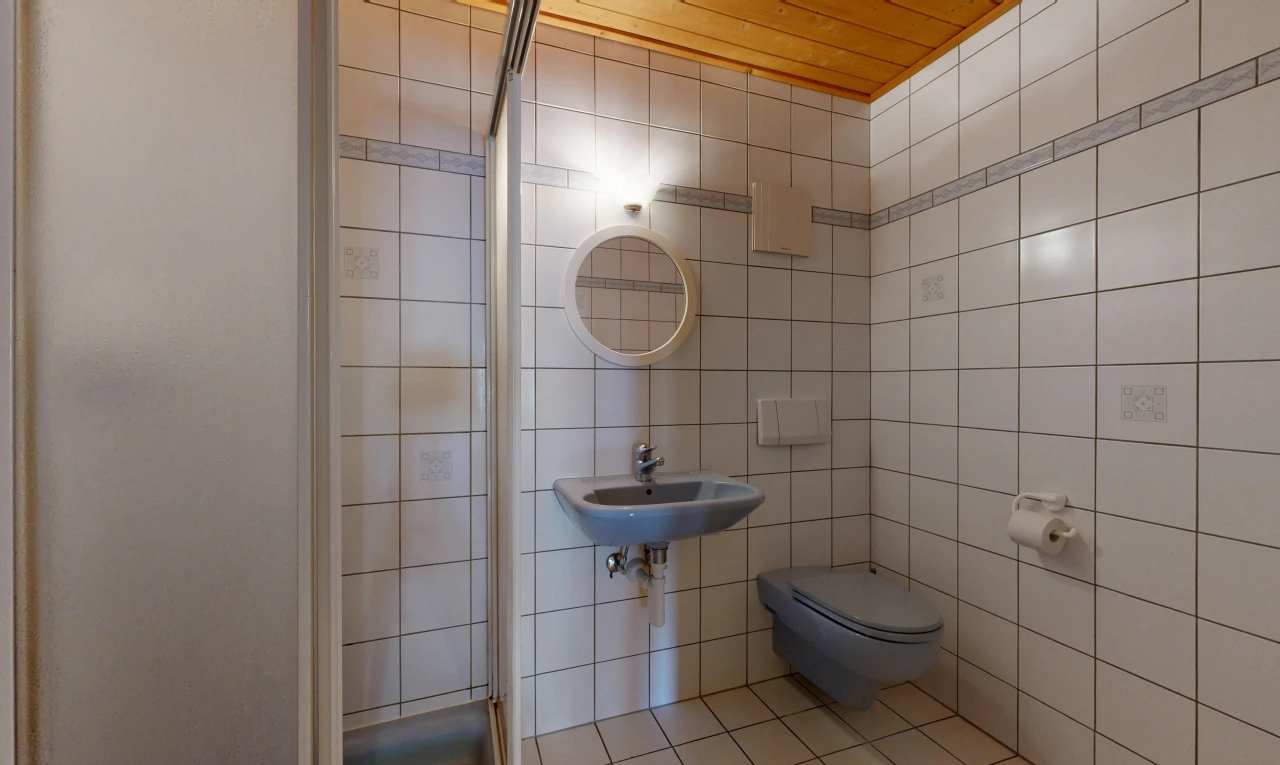salle de bains avec salle de bain complète, douche, miroir, mur en carrelage, et tile wall