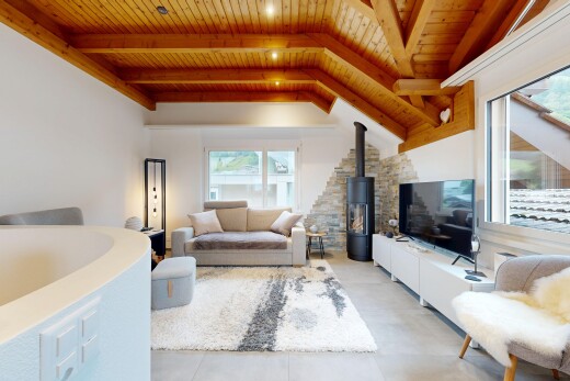 wohnzimmer mit wood ceiling, holzdecke, fernseher, inside property, und holzofen