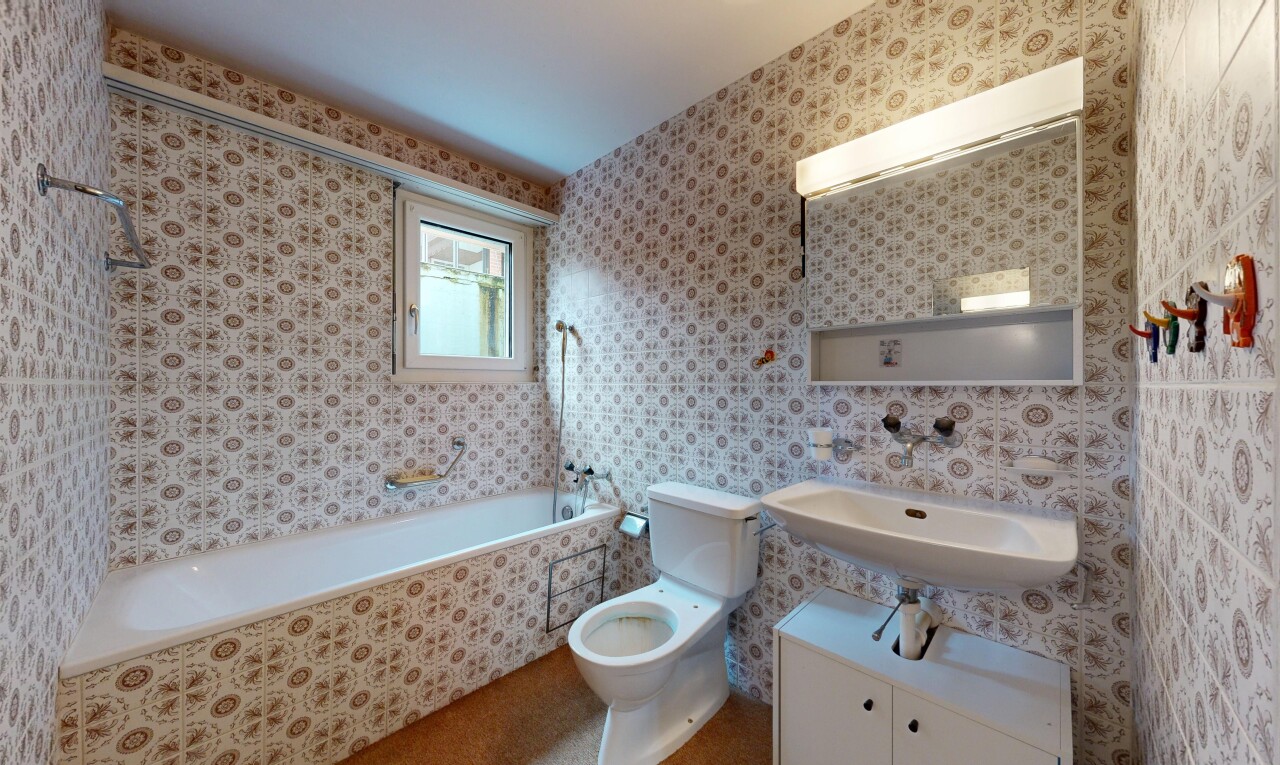 bad mit spiegel, kombiniertes bad / dusche, toilette, komplettes badezimmer, und natural light
