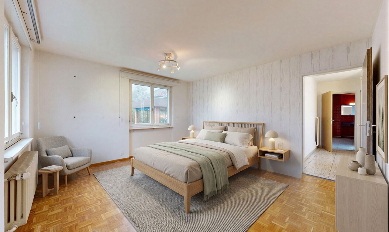 zimmer / schlafzimmer mit wallpaper wall, tapetenwand, parquet floor, inside property, und kühler