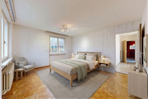 zimmer / schlafzimmer mit wallpaper wall, tapetenwand, parquet floor, inside property, und kühler