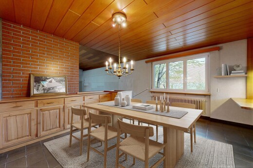 salle à manger avec dark floor, lustre remarquable, tile floor, sol en carrelage, et wood ceiling