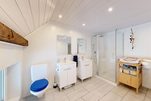 salle de bains avec salle de bain complète, douche, deux lavabos simples, miroir, et toilette