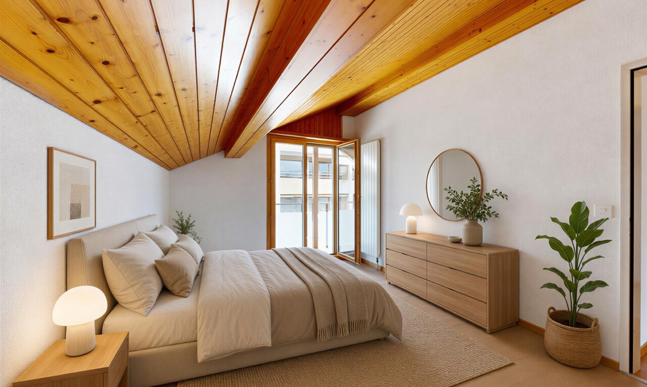 leerer raum mit high end ceiling, wood ceiling, holzdecke, vaulted ceiling, und dachschräge