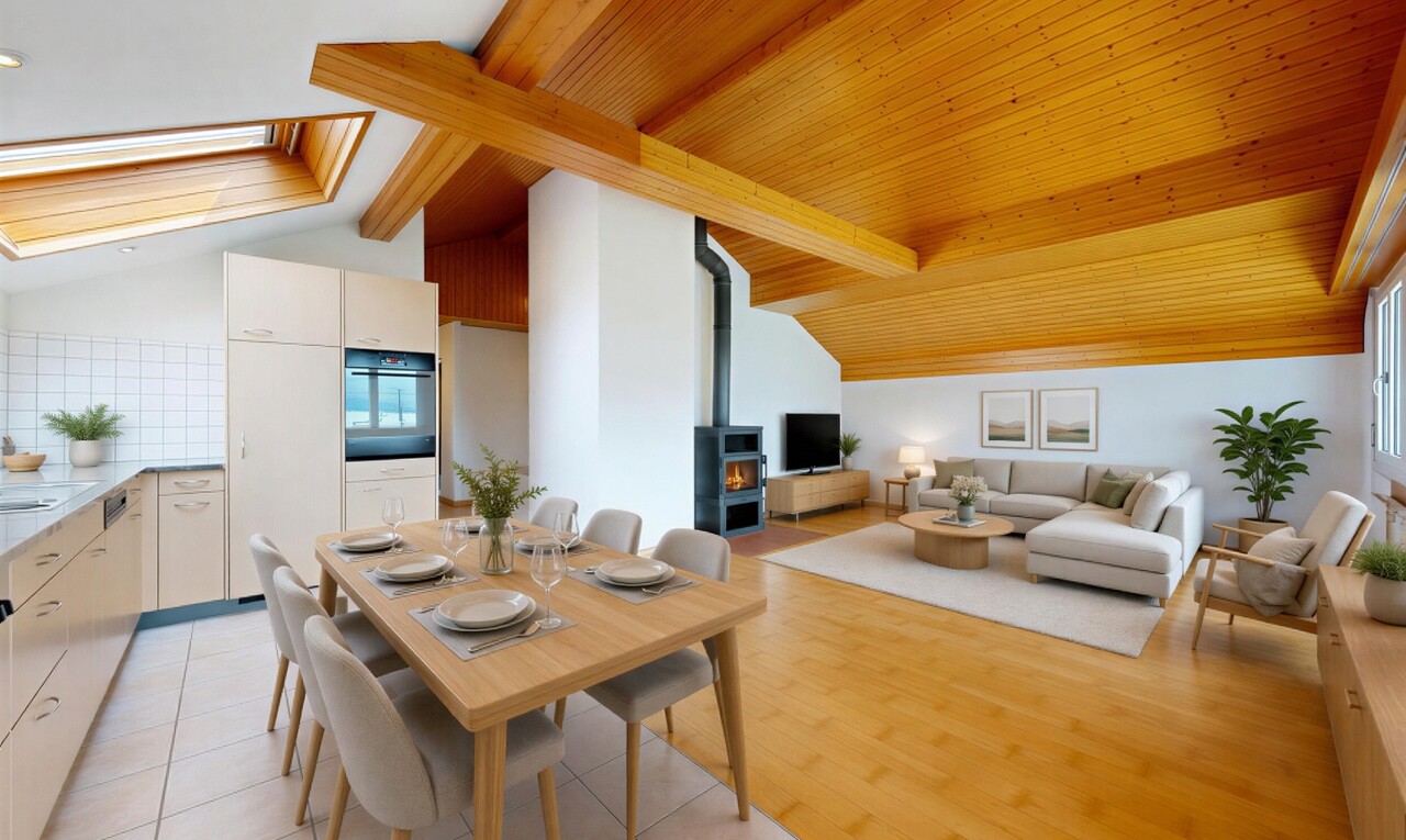 küche mit opens to living area, öffnet sich zum wohnraum, vaulted ceiling, dachschräge, und drywall