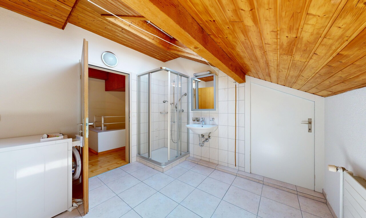 bad mit high end ceiling, dusche, drywall, gipskartonwand, und komplettes badezimmer