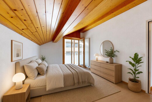 leerer raum mit high end ceiling, wood ceiling, holzdecke, vaulted ceiling, und dachschräge