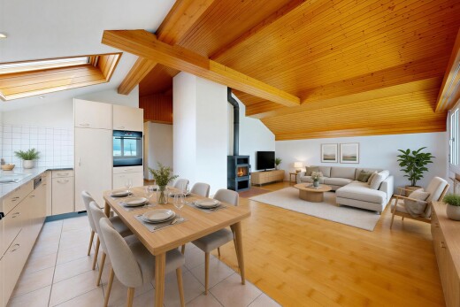 küche mit opens to living area, öffnet sich zum wohnraum, vaulted ceiling, dachschräge, und drywall