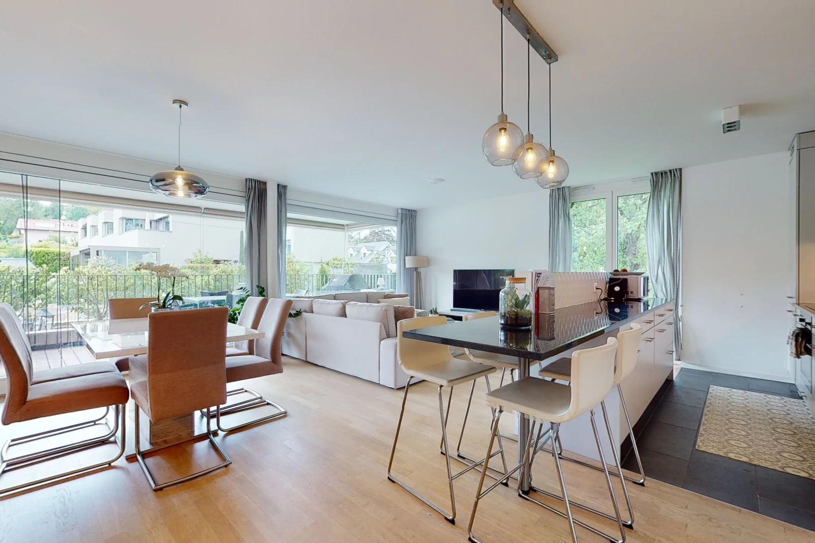 salle à manger avec lumière naturelle, parquet, et télévision