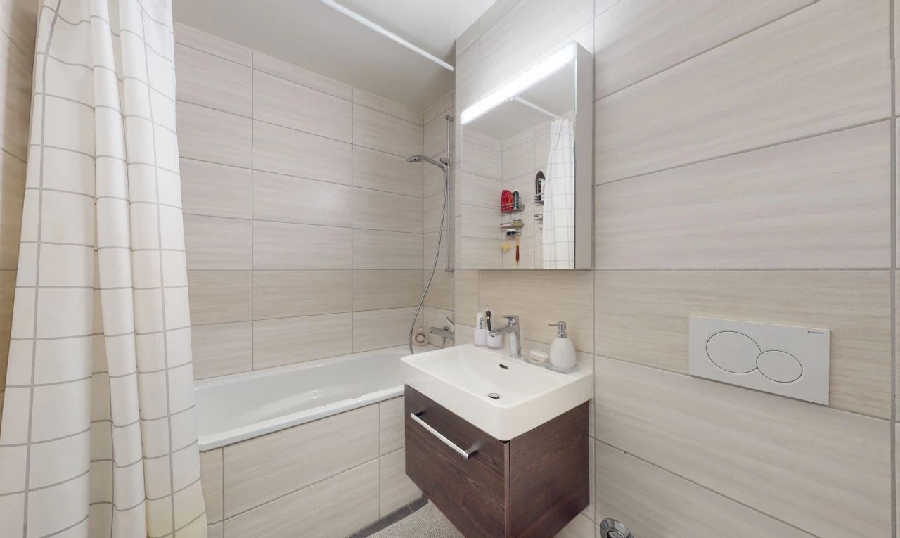 salle de bains avec rideau de douche, miroir, vasque, meuble-lavabo, et bain-douche