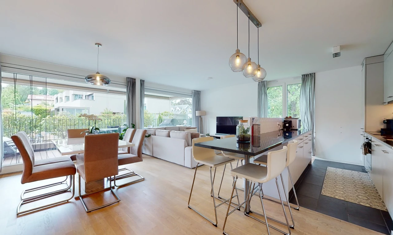salle à manger avec lumière naturelle, parquet, et télévision