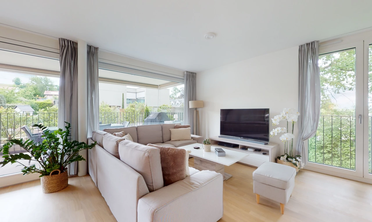 salon avec parquet, lumière naturelle, et télévision