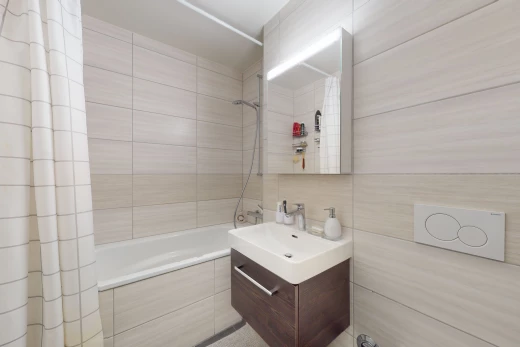 salle de bains avec rideau de douche, miroir, vasque, meuble-lavabo, et bain-douche