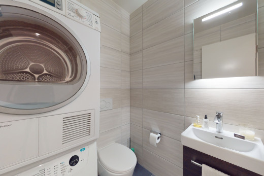 halbbad mit waschmaschine / trockner, toilette, spiegel und eitelkeit