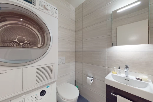 salle de bains avec machine à laver / sèche-linge, vasque, toilettes, miroir, et meuble-lavabo