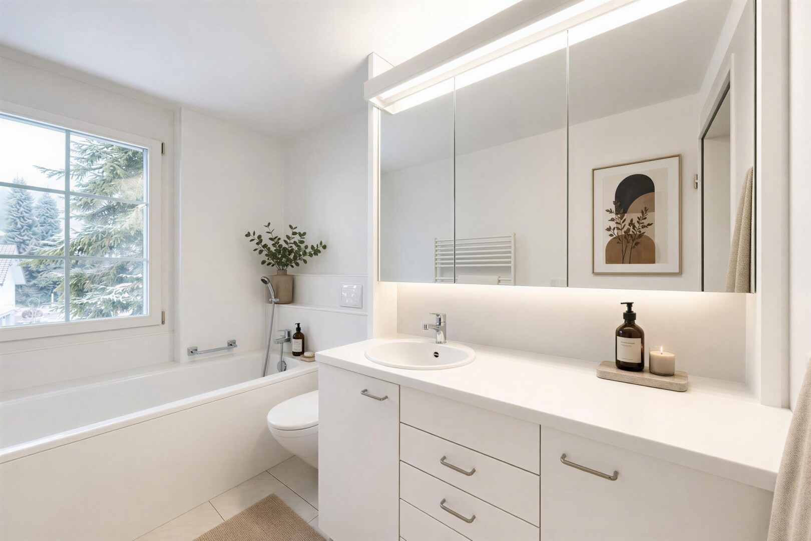 bad mit komplettes badezimmer, bad, toilette, schminktisch, und waschbecken