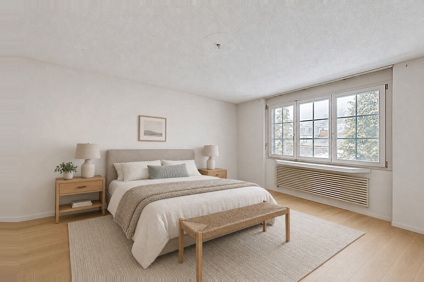 zimmer / schlafzimmer mit gipskartonwand, drywall, kühler, holzfußboden, und wood finish floor