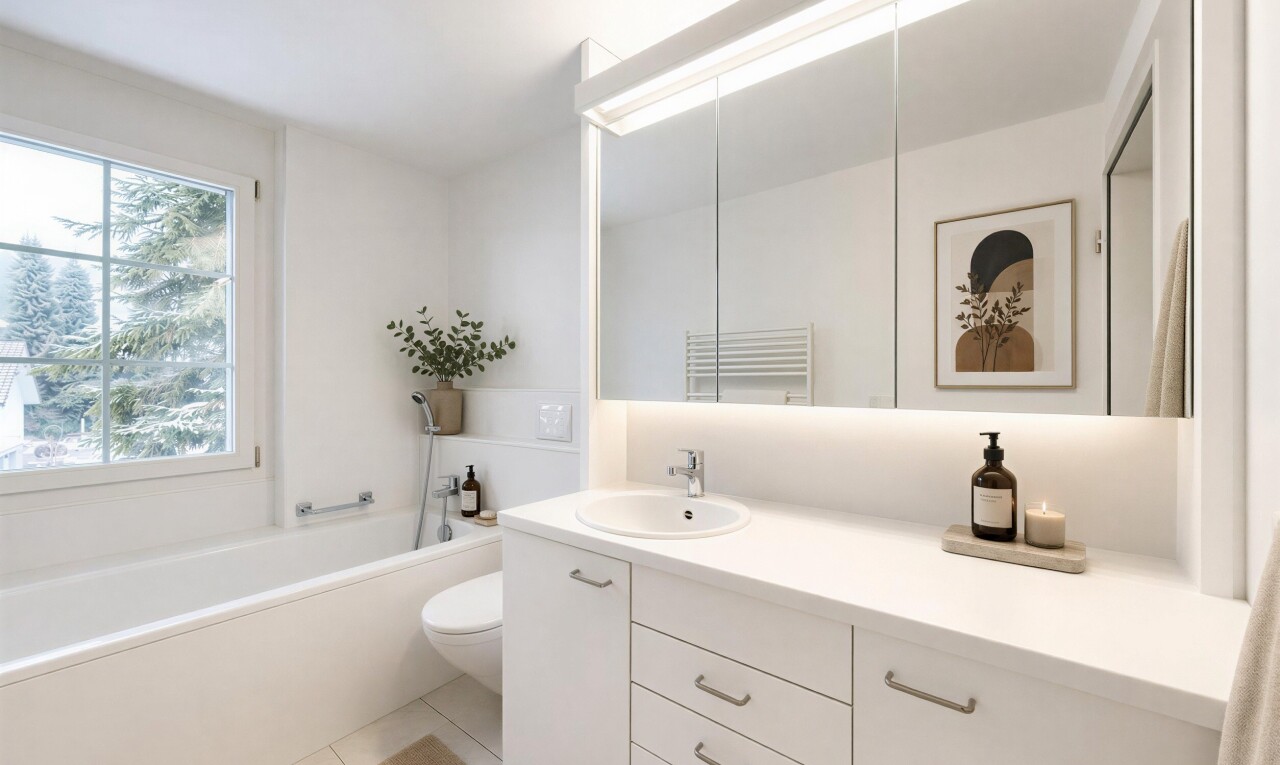 bad mit komplettes badezimmer, bad, toilette, schminktisch, und waschbecken