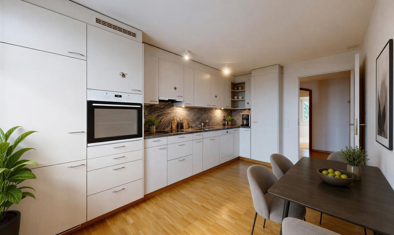 küche mit ofen, white cabinets, weiße schränke, light floor, und dark countertops