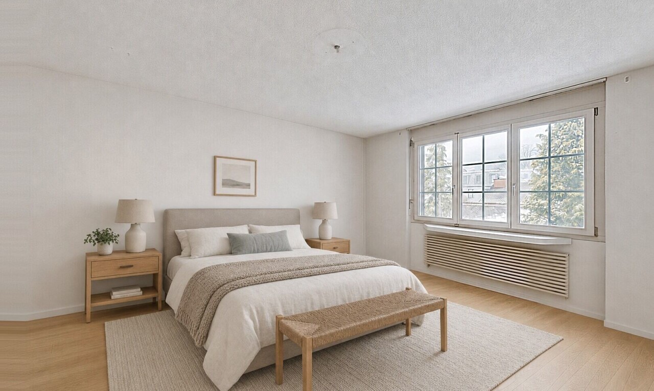 zimmer / schlafzimmer mit gipskartonwand, drywall, kühler, holzfußboden, und wood finish floor