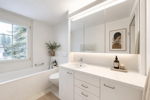 bad mit komplettes badezimmer, bad, toilette, schminktisch, und waschbecken