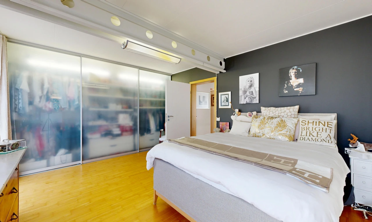room with light wood-style flooring, a closet, and track lighting