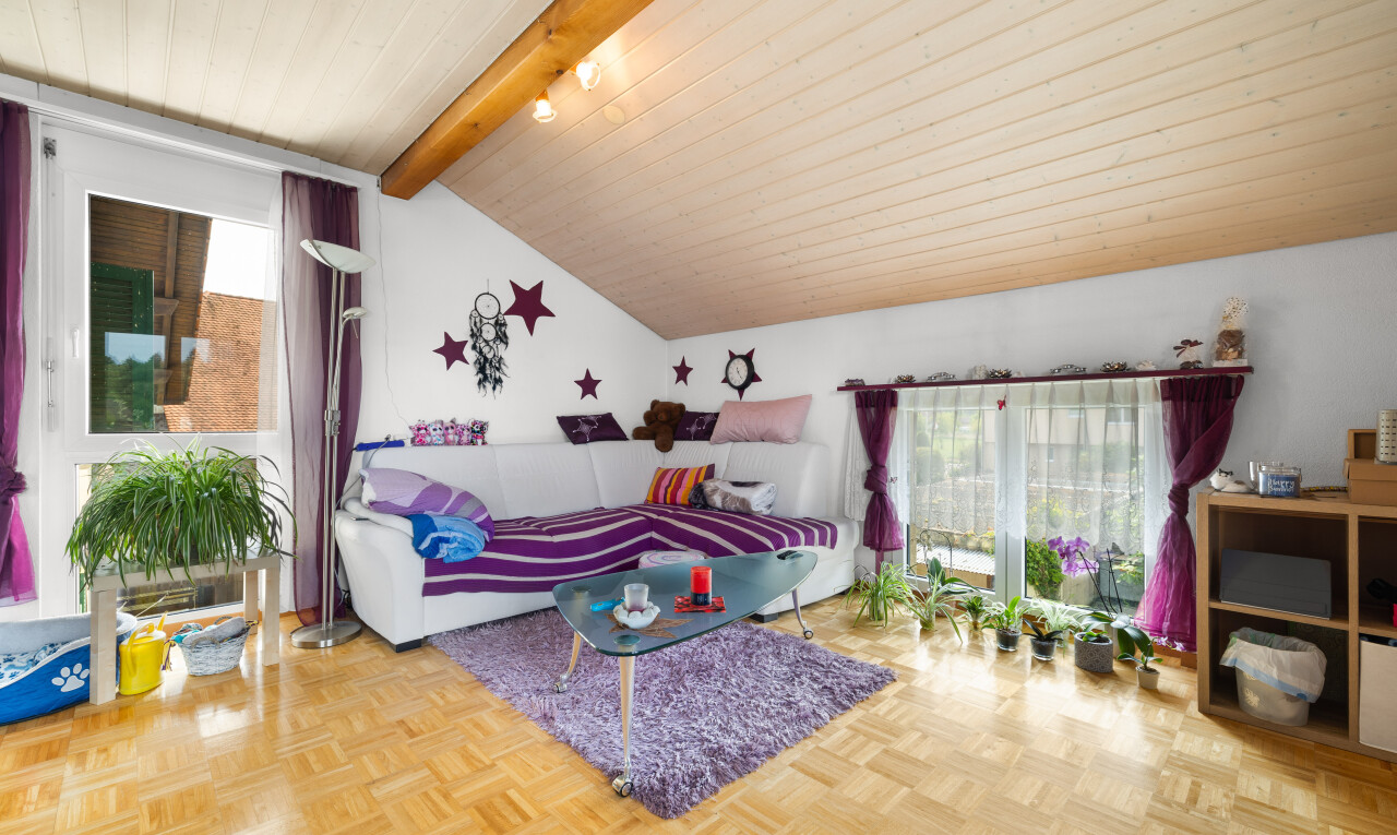 salon avec natural light, lumière naturelle, beamed ceiling, plafond à poutres, et inside property