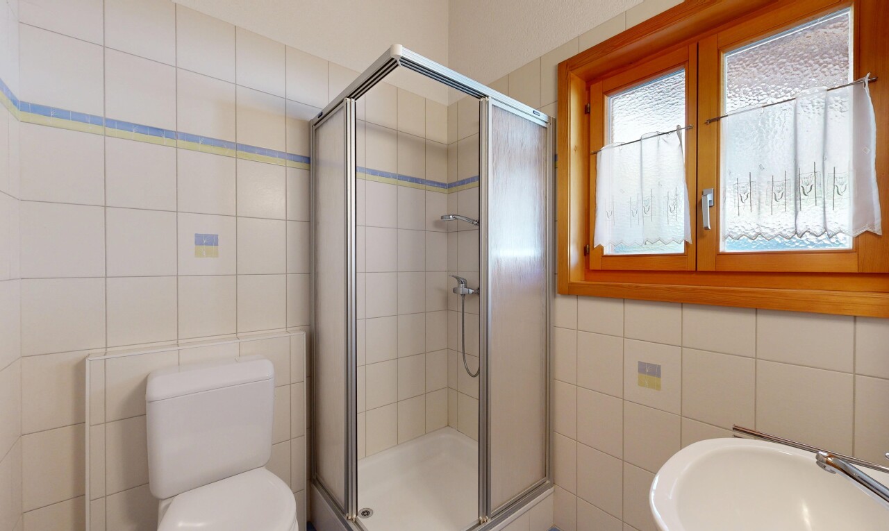 salle de bains avec mur en carrelage, tile wall, lumière naturelle, natural light, et douche
