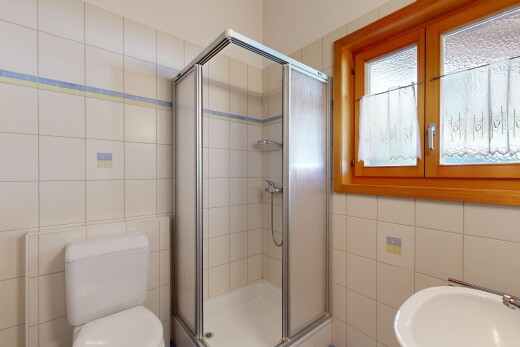salle de bains avec mur en carrelage, tile wall, lumière naturelle, natural light, et douche