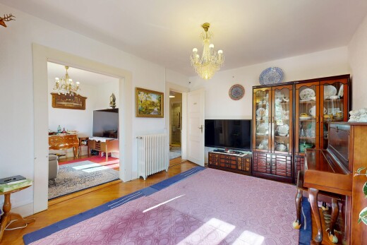 salon avec radiateur, lustre remarquable, télévision, et cloison sèche