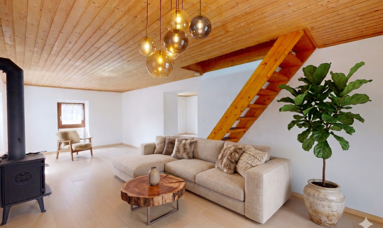 leerer raum mit holzofen, holzdecke, wood ceiling, treppen, und gipskartonwand