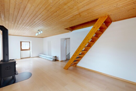 leerer raum mit holzofen, holzdecke, wood ceiling, treppen, und gipskartonwand