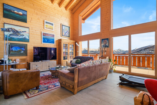 salon avec plafond haut, high ceiling, télévision, inside property, et lumière naturelle