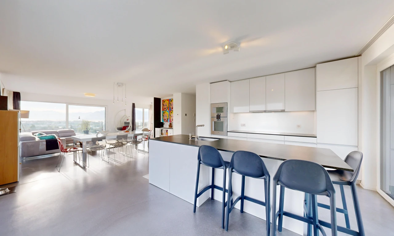 cuisine avec flat panel cabinets, armoires à panneau plat, white cabinets, armoires blanches, et dark countertops