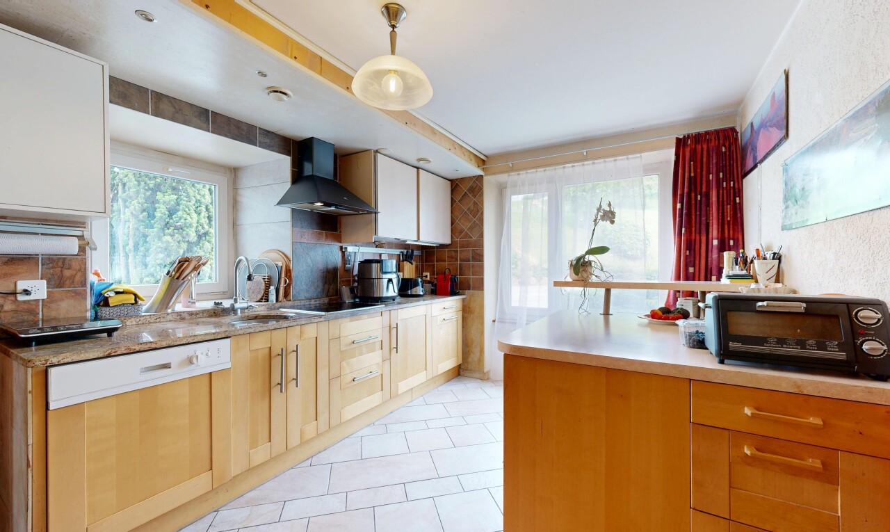 cuisine avec hotte, lave-vaisselle, dosseret, backsplash, et lumière naturelle