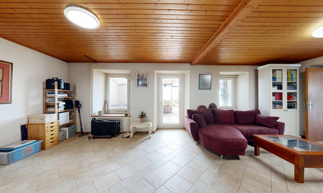 salon avec wood ceiling, plafond en bois, natural light, lumière naturelle, et inside property