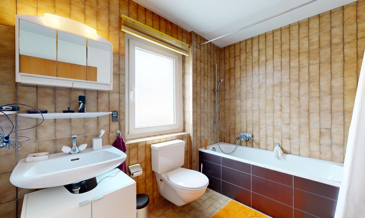 salle de bains avec mur en carrelage, tile wall, lumière naturelle, natural light, et inside property