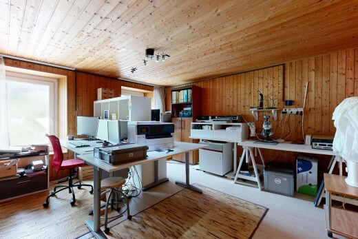 büro mit fernseher, natürliches licht, natural light, inside property, und holzdecke