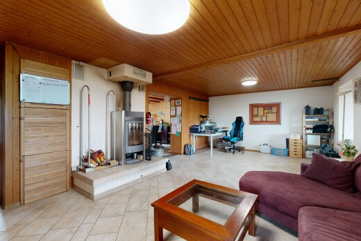 wohnzimmer mit holzofen, inside property, holzdecke, wood ceiling, und holzwand