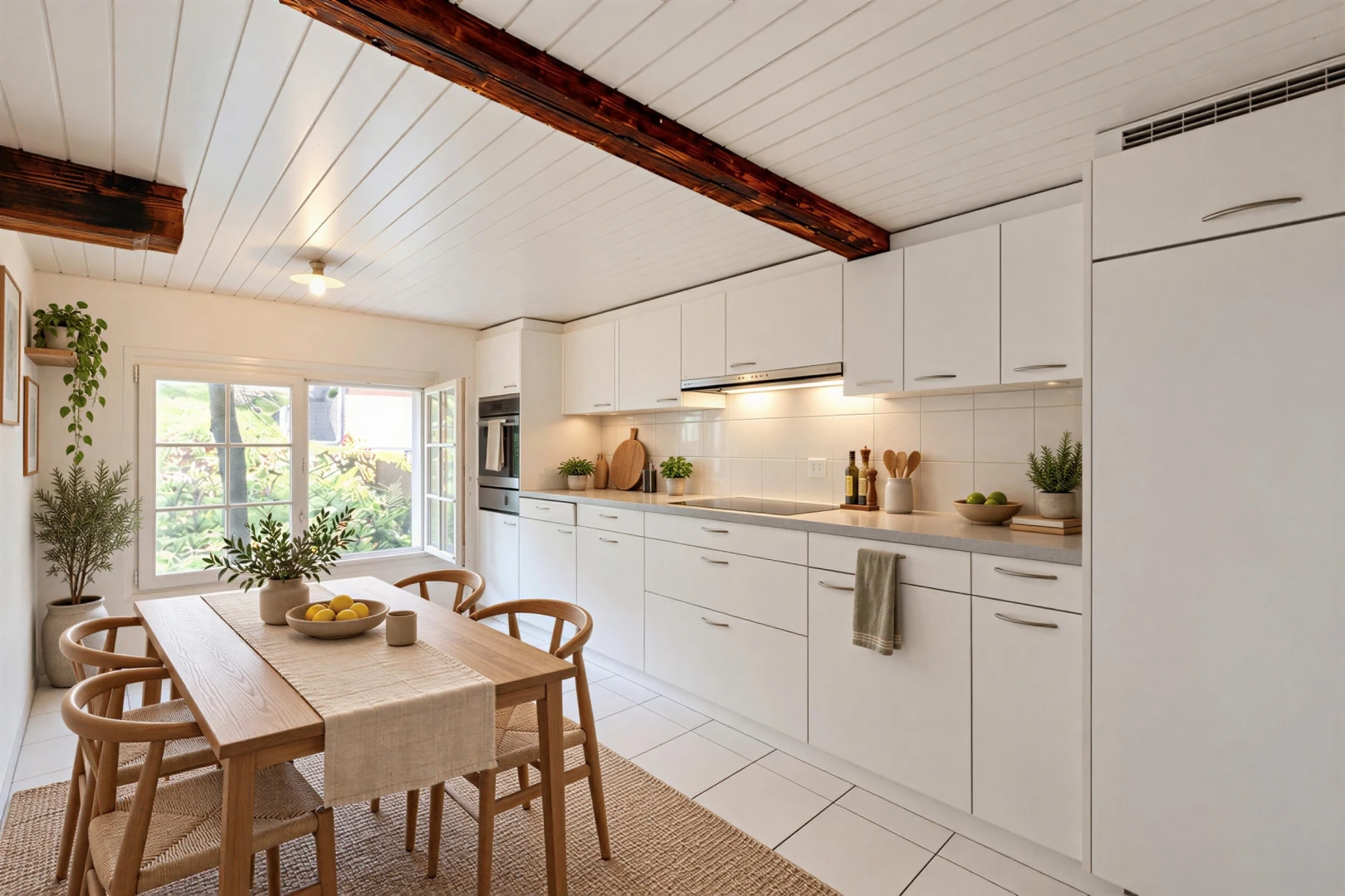 kitchen featuring light countertops, white cabinetry, light tile patterned floors, white fridge, and decorative backsplash