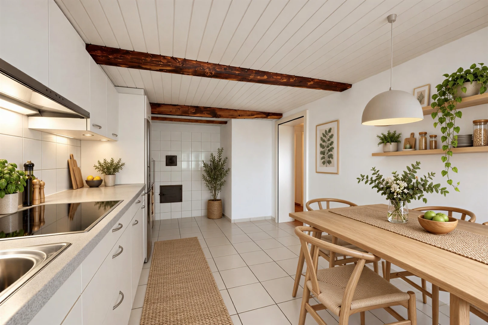 kitchen featuring light countertops, white cabinets, black electric stovetop, light tile patterned floors, and a wooden ceiling with exposed beams