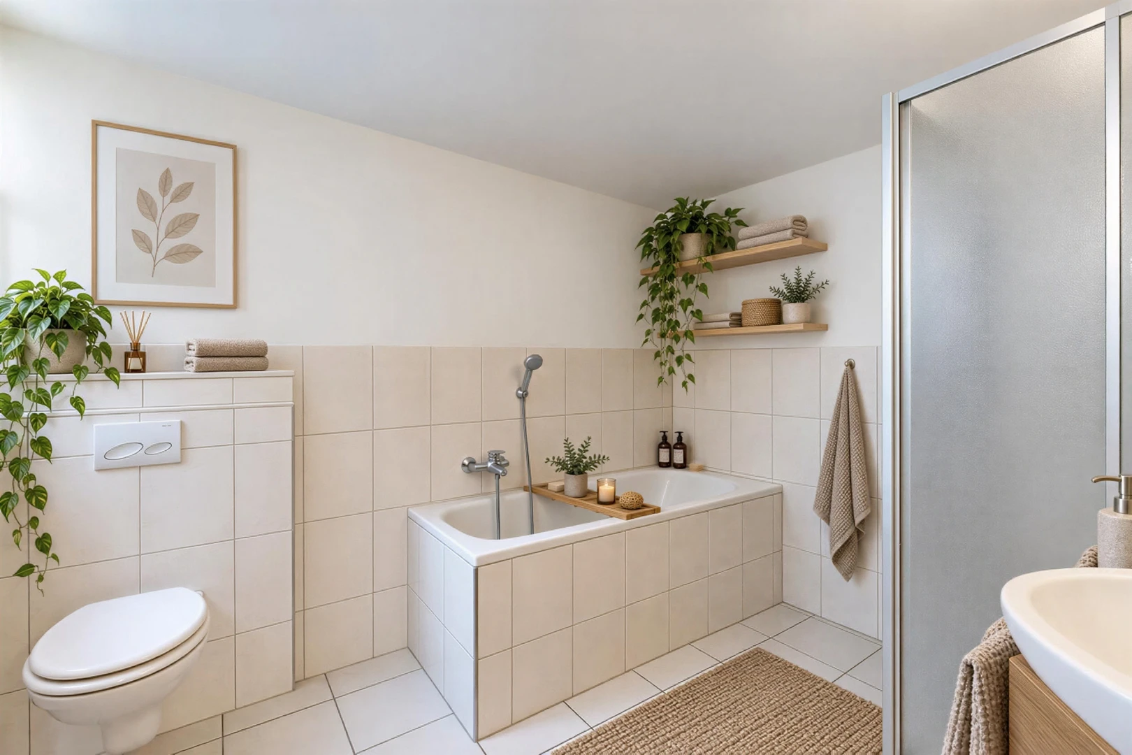 bathroom featuring a garden tub, light tile patterned flooring, a shower stall, tile walls, and a wainscoted wall