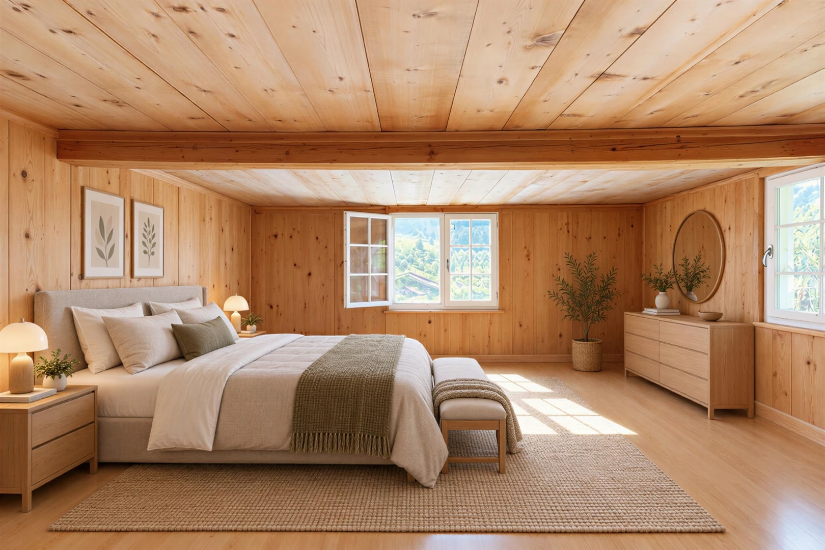 room / bedroom with wood walls, light wood-style floors, wooden ceiling, and multiple windows