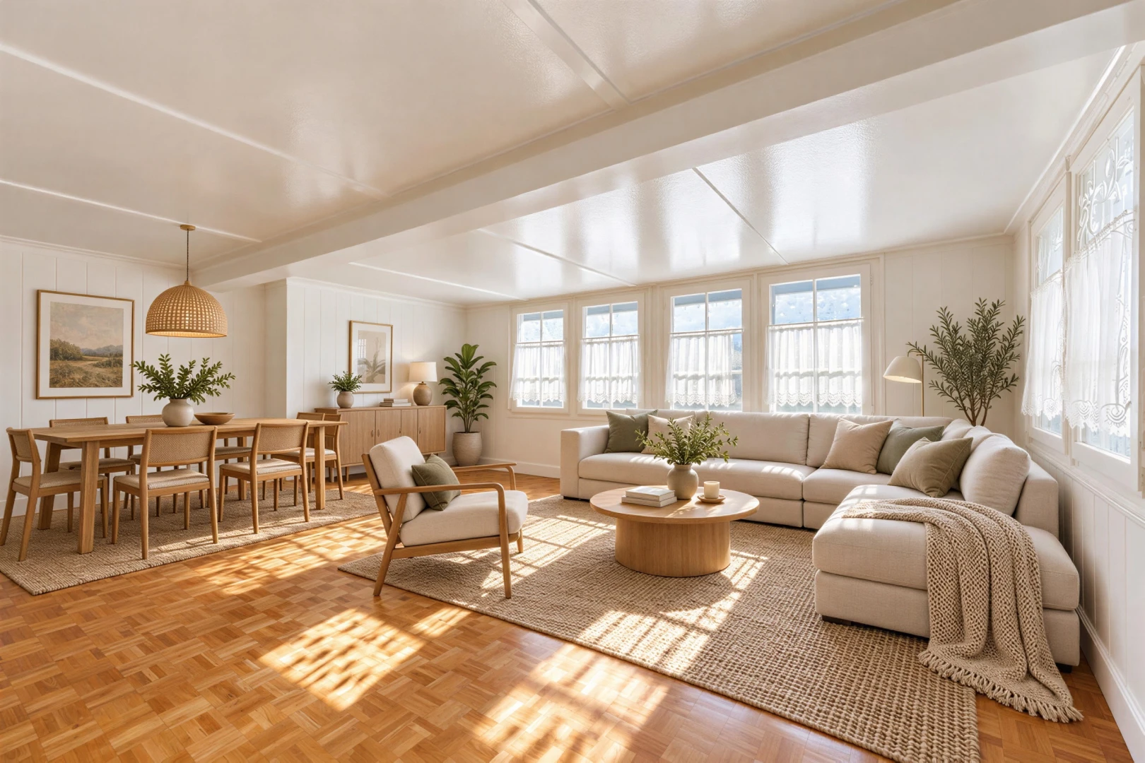 living / dining room with plenty of natural light, parquet floors, and decorative light fixtures