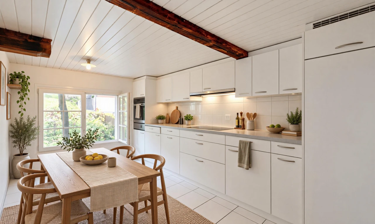 kitchen featuring light countertops, white cabinetry, light tile patterned floors, white fridge, and decorative backsplash