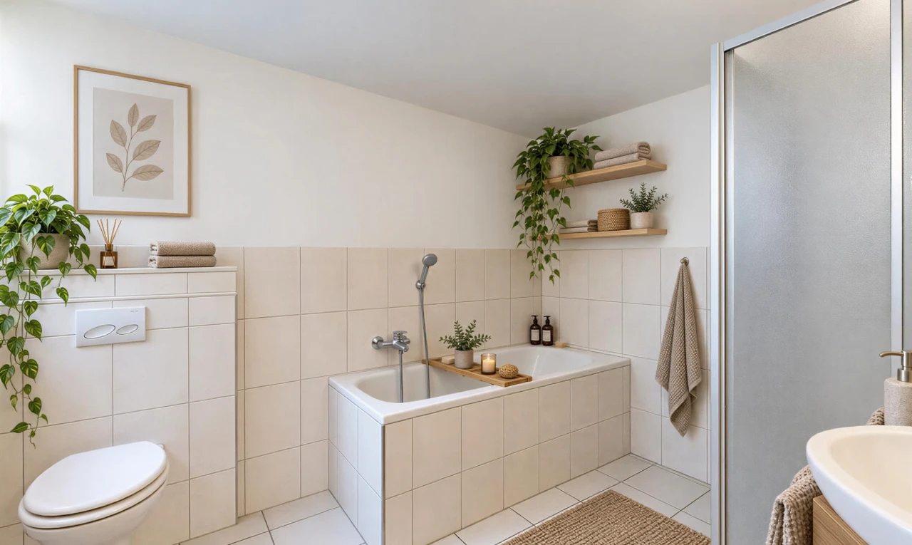 bathroom featuring a garden tub, light tile patterned flooring, a shower stall, tile walls, and a wainscoted wall
