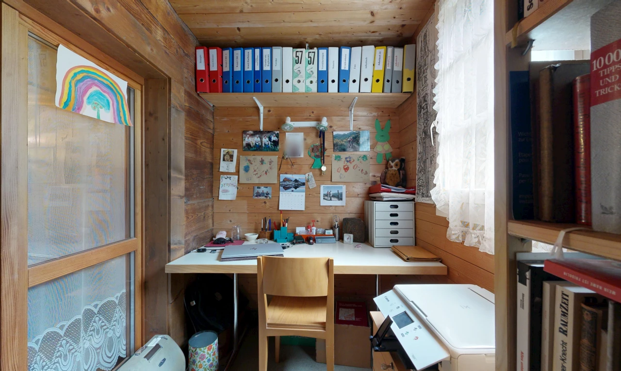 office space with wooden walls