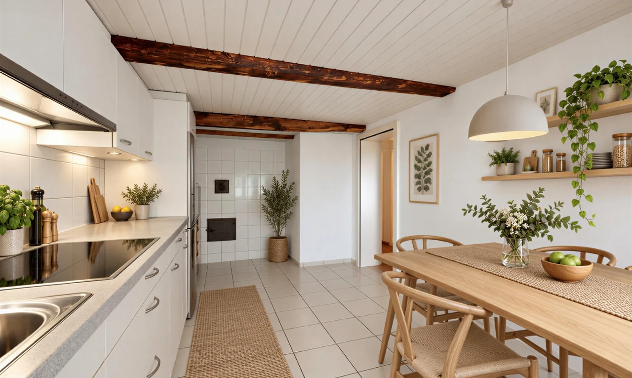kitchen featuring light countertops, white cabinets, black electric stovetop, light tile patterned floors, and a wooden ceiling with exposed beams