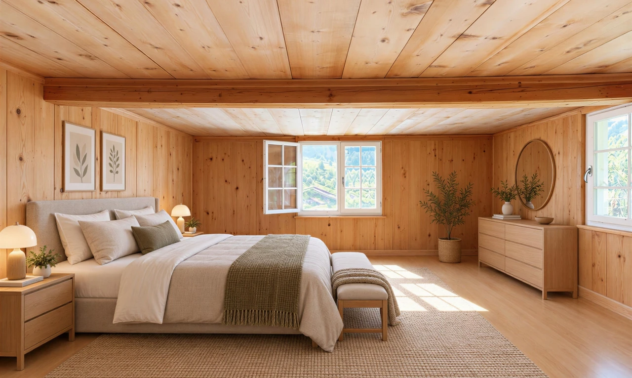 room / bedroom with wood walls, light wood-style floors, wooden ceiling, and multiple windows