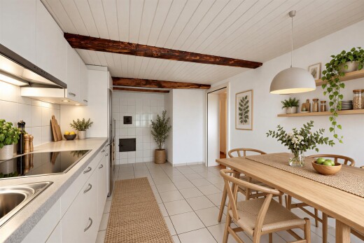 küche mit arbeitsplatten, light countertops, light floor, weiße schränke, und white cabinets